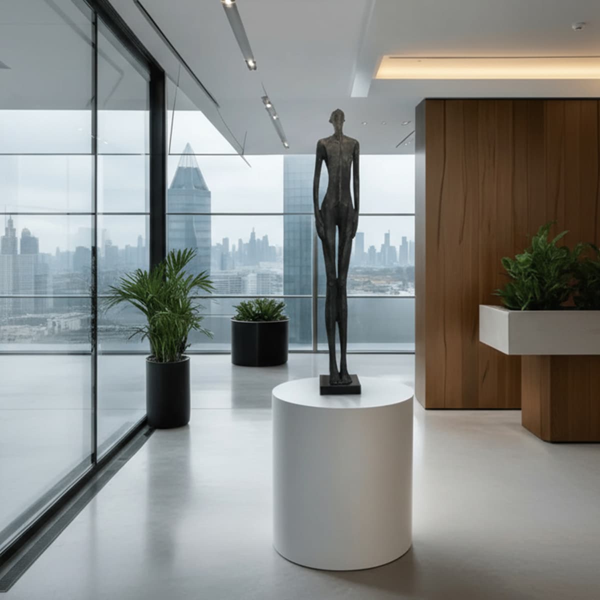 Area living urban post moderna con statua